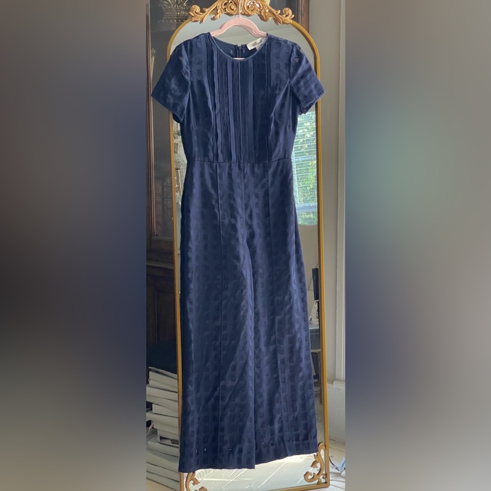 Diane Von Furstenberg Navy Windowpane Rayon Silk Blend Wide Leg Jumpsuit